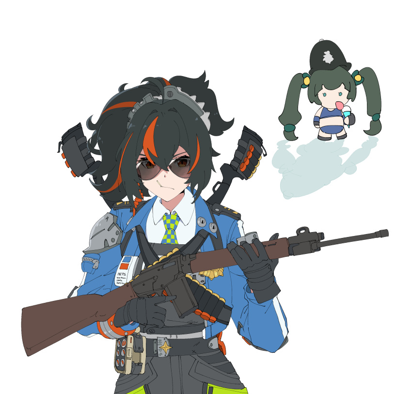 2girls, :/, absurdres, archives.gokulism, bad_gun_anatomy, black_gloves, black_hair, blue_jacket