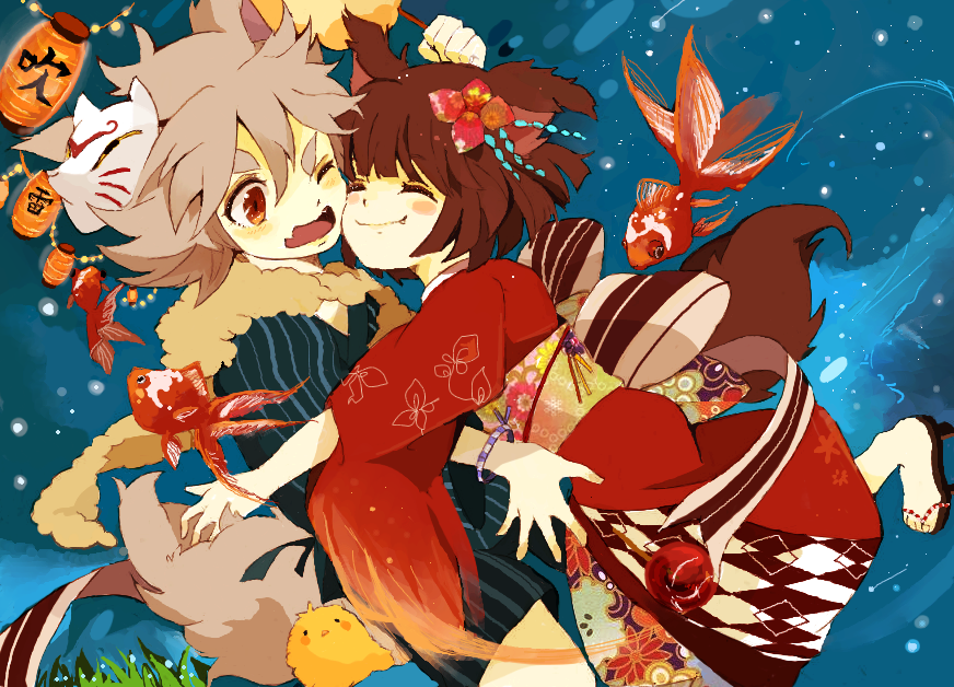 araya_konko, bad_id, bibinko, blush, brown_hair, fang, fish, fubuki_shirou