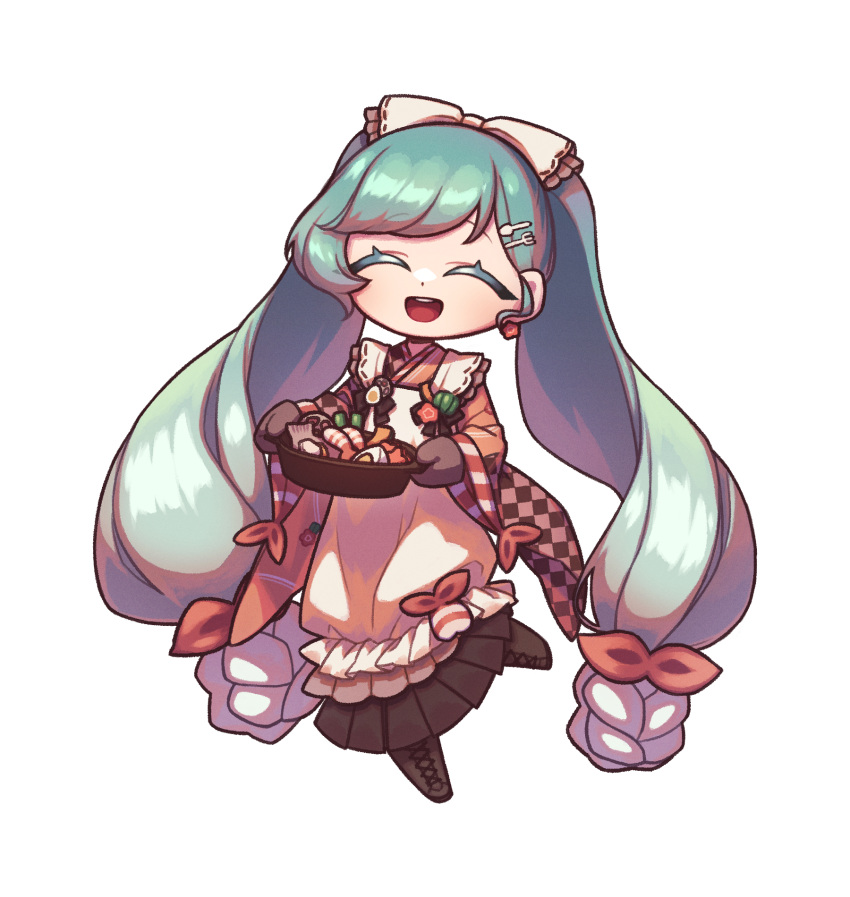 1girl, :d, ^_^, absurdly_long_hair, apron, aqua_hair, asymmetrical_bangs, asymmetrical_sleeves
