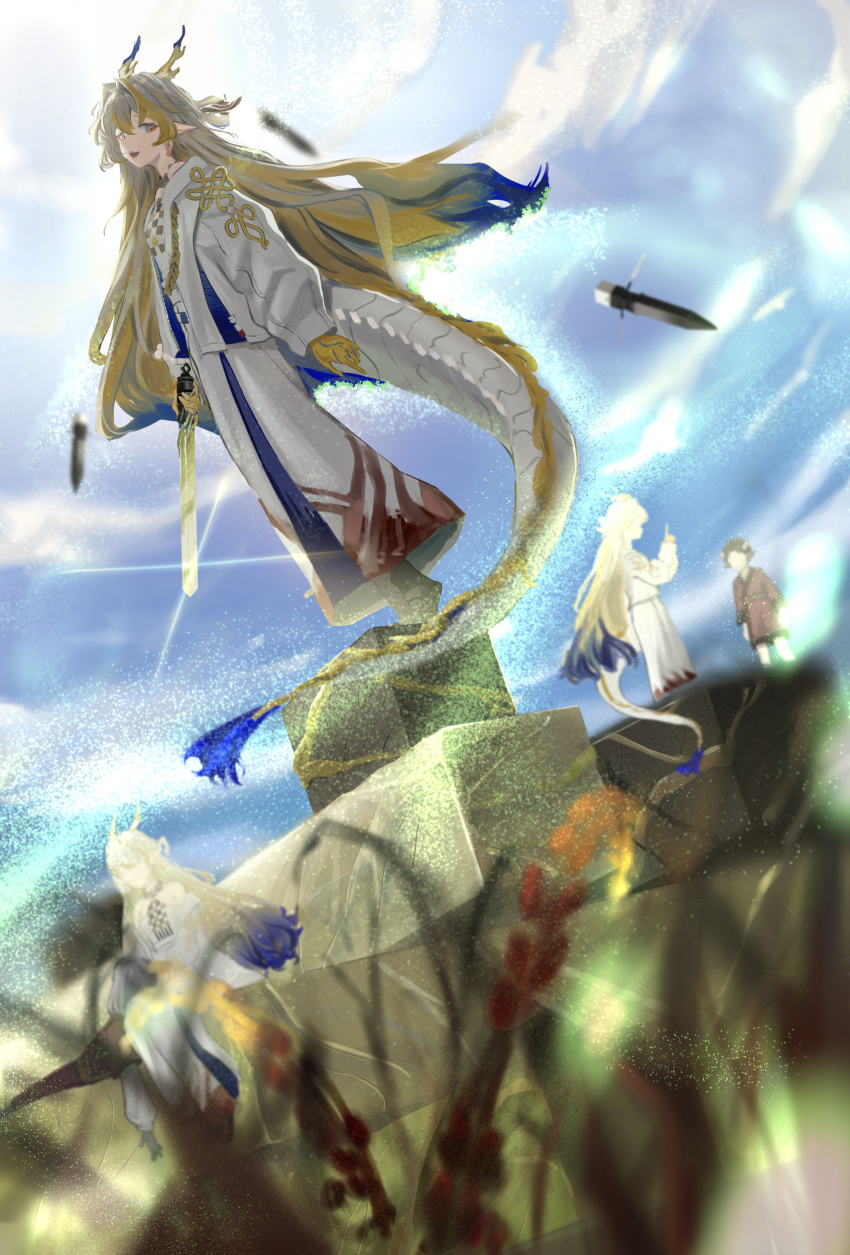 1boy, 1girl, absurdres, arknights, beads, blonde_hair, blue_hair, brown_kimono, colored_extremities, commentary_request, dragon_girl, dragon_horns, dragon_tail, glint, grey_eyes, grey_hair, hair_between_eyes, hair_intakes, hand_up, highres, holding, holding_sword, holding_weapon, horns, index_finger_raised, jacket, japanese_clothes, kimono, light_particles, long_hair, long_sleeves, magic, memories, multicolored_hair, olivier_yoyo, open_mouth, partial_commentary, plant, pointy_ears, shu_(arknights), sitting, standing, sword, tail, wan_qing_(arknights), weapon, white_jacket