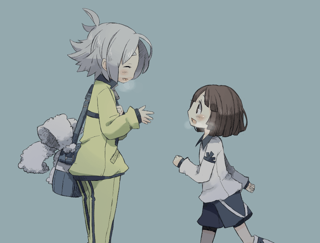 araya_konko, bad_id, bag, blush, bob_cut, breath, brown_hair, fubuki_shirou