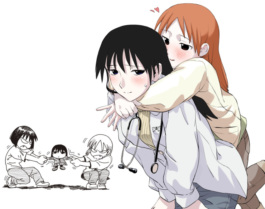 4girls, aged_up, arm_around_neck, azumanga_daioh, black_eyes, black_hair, blank_eyes, blush, chibi, chibi_inset, closed_mouth, fang, heart, jacket, kaori_(azumanga_daioh), kozuehikaru, leaning_forward, long_hair, long_sleeves, looking_at_another, looking_at_viewer, mihama_chiyo, mizuhara_koyomi, multiple_girls, open_mouth, orange_hair, pants, pulling, sakaki_(azumanga_daioh), shirt, simple_background, smile, stethoscope, sweater, takino_tomo, white_background, yuri