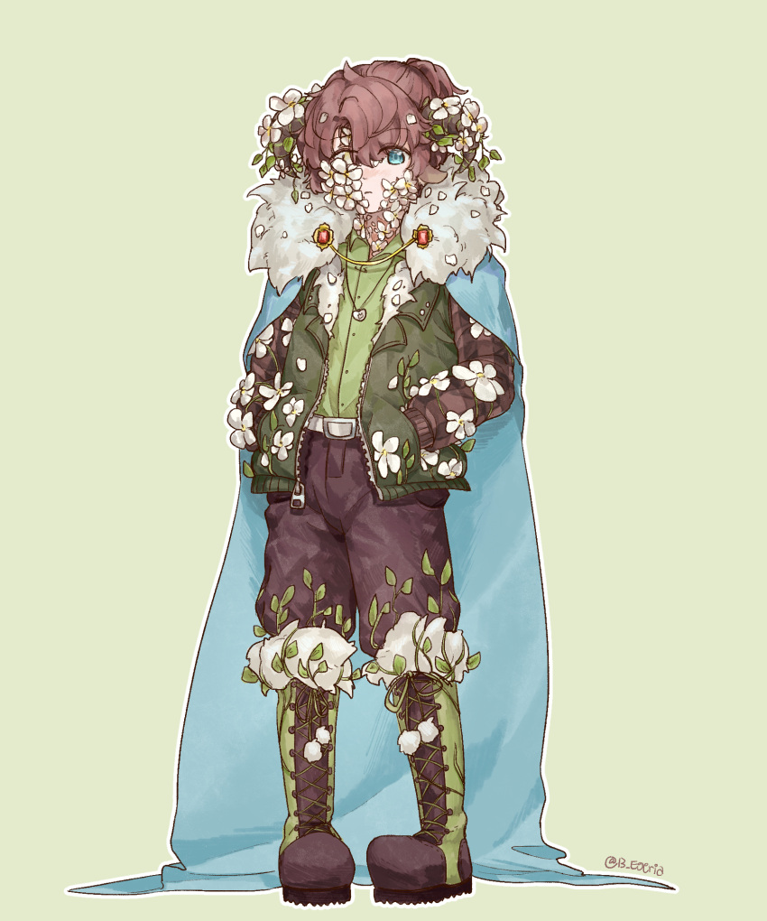 1boy, adapted_costume, ahoge, alternate_animal_ears, alternate_hairstyle, alternate_horns, animal_ears, aqua_cape