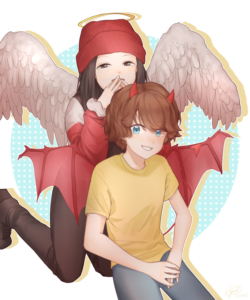 1boy, 1other, aimsey, androgynous, angel, angel_wings, animification, beanie, black_pants, blue_eyes, brown_eyes, brown_hair, commentary, demon_boy, demon_horns, demon_tail, demon_wings, english_commentary, flying, halo, hat, highres, horns, juzo_xiii, long_hair, looking_at_viewer, minecraft_youtube, pants, pantyhose, real_life, red_hat, shirt, shoes, short_hair, smile, smug, tail, traditional_halo, tubbo, wings, yellow_shirt