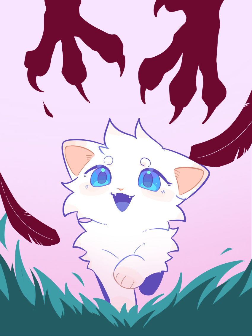 :3, :d, animal, animal_focus, bird, blue_eyes, blush, buzhanggaodekenan, cat, chinese_commentary, claws, commentary_request, fangs, feathers, grass, happy, highres, imminent_death, kitten, looking_at_viewer, no_humans, open_mouth, outdoors, peril, simple_background, smile, snowkit, talons, teeth, variant_set, walking, warrior_cats, white_fur