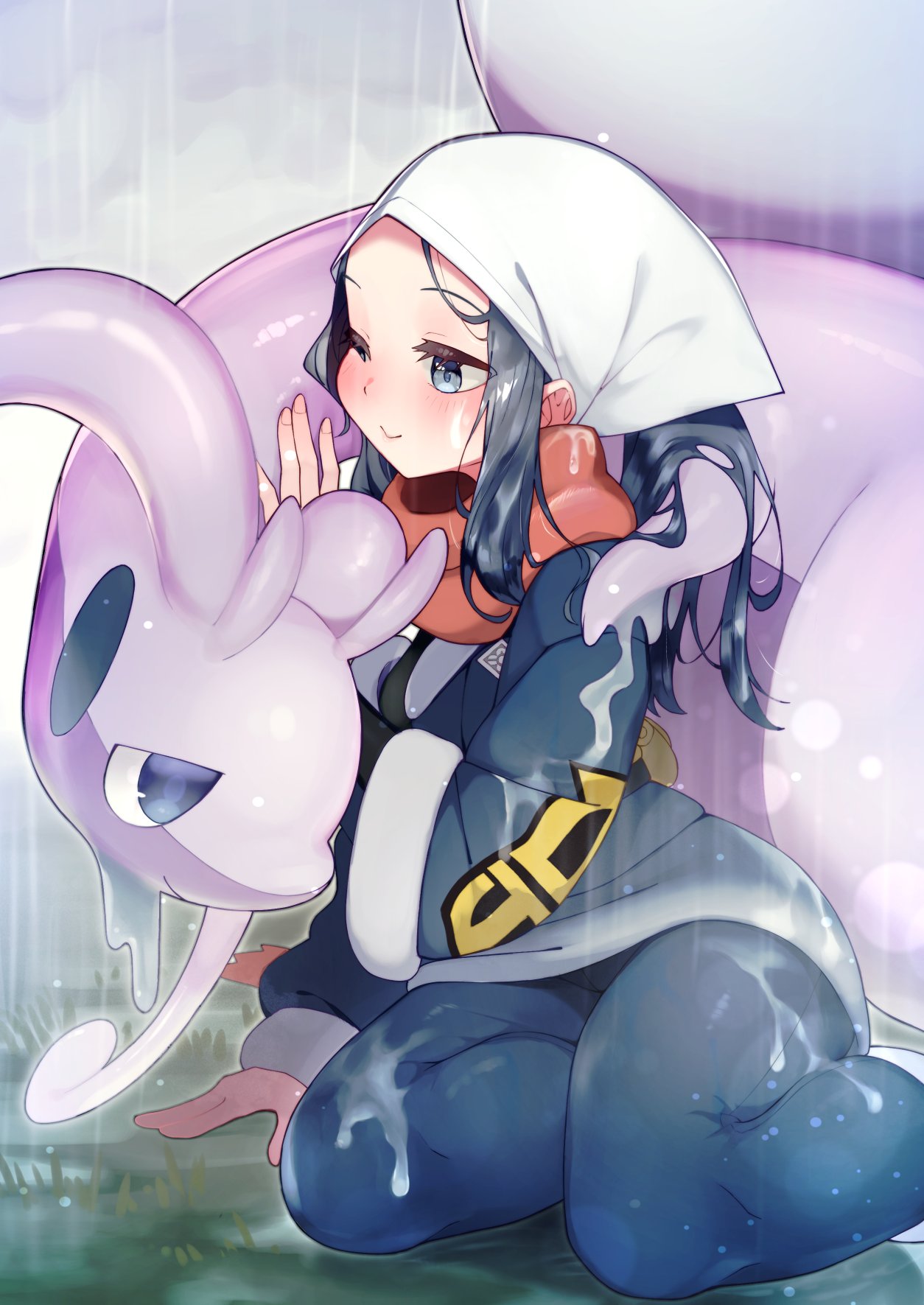 1girl, akari_(pokemon), blue_jacket, blue_pantyhose, blue_skirt, closed_mouth, fingernails, galaxy_expedition_team_survey_corps_uniform