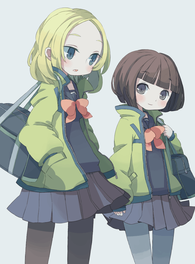 araya_konko, bad_id, bag, blonde_hair, blue_eyes, blush, bob_cut, brown_hair