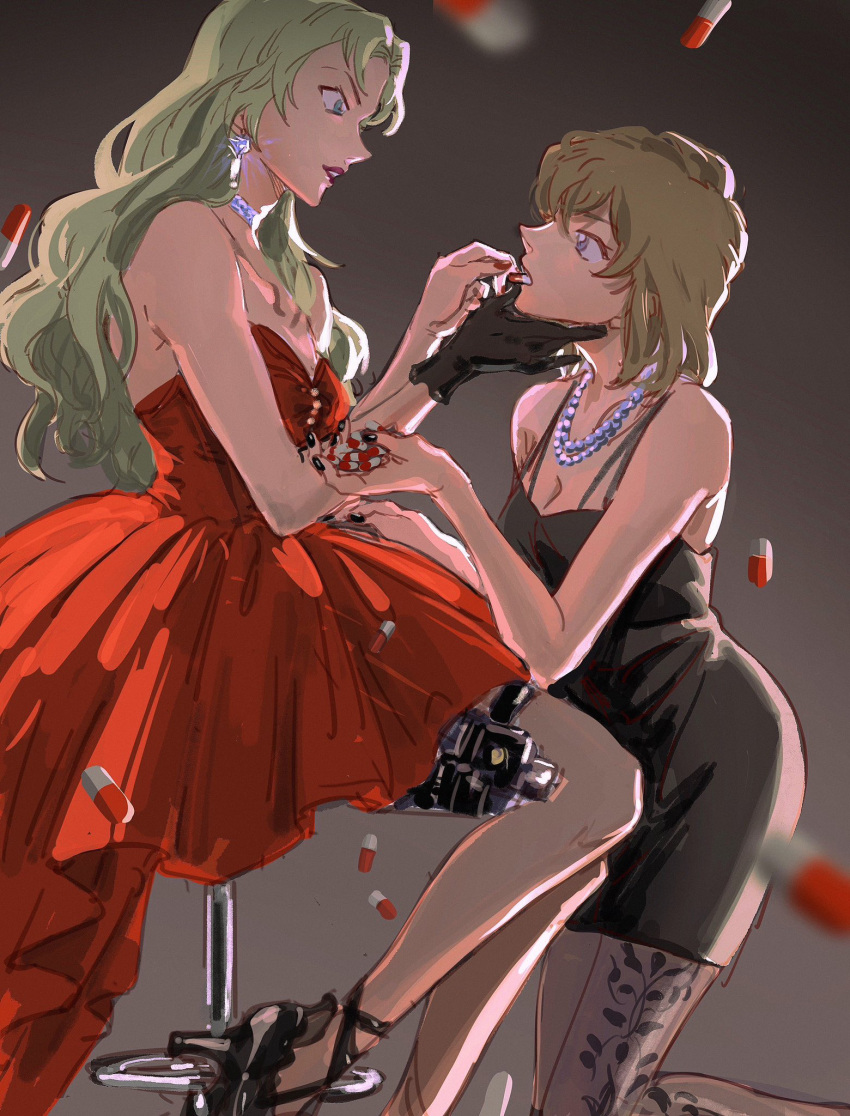 2girls, black_dress, dress, earrings, haibara_ai, high_heels, highres, jewelry