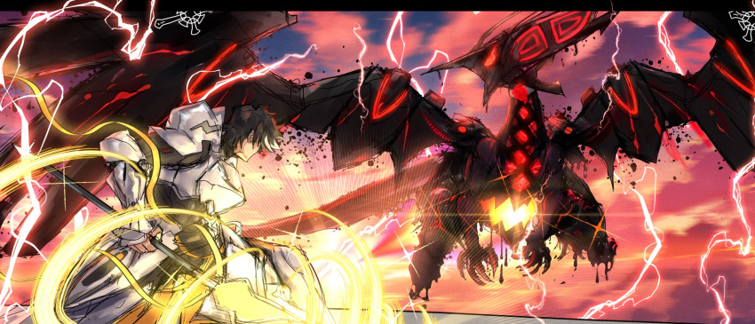 1boy, albion_(fate), armor, black_hair, breastplate, dragon, ebora, electricity, fate/grand_order, fate_(series), faulds, gradient_sky, highres, multicolored_hair, pauldrons, percival_(fate), pink_sky, polearm, short_hair, shoulder_armor, sky, spear, streaked_hair, sunset, twilight, weapon