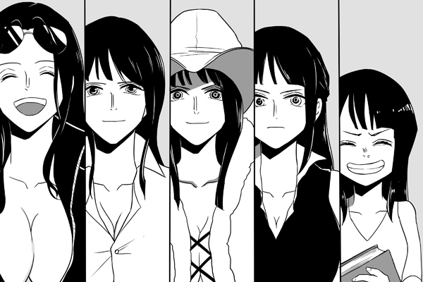 1girl, ^_^, blunt_bangs, book, child, closed_eyes, collared_shirt, commentary_request, cowboy_hat, dress, expressionless, eyewear_on_head, greyscale, hat, holding, holding_book, looking_at_viewer, monochrome, nico_robin, one_piece, shiba44469, shirt, simple_background, smile, upper_body