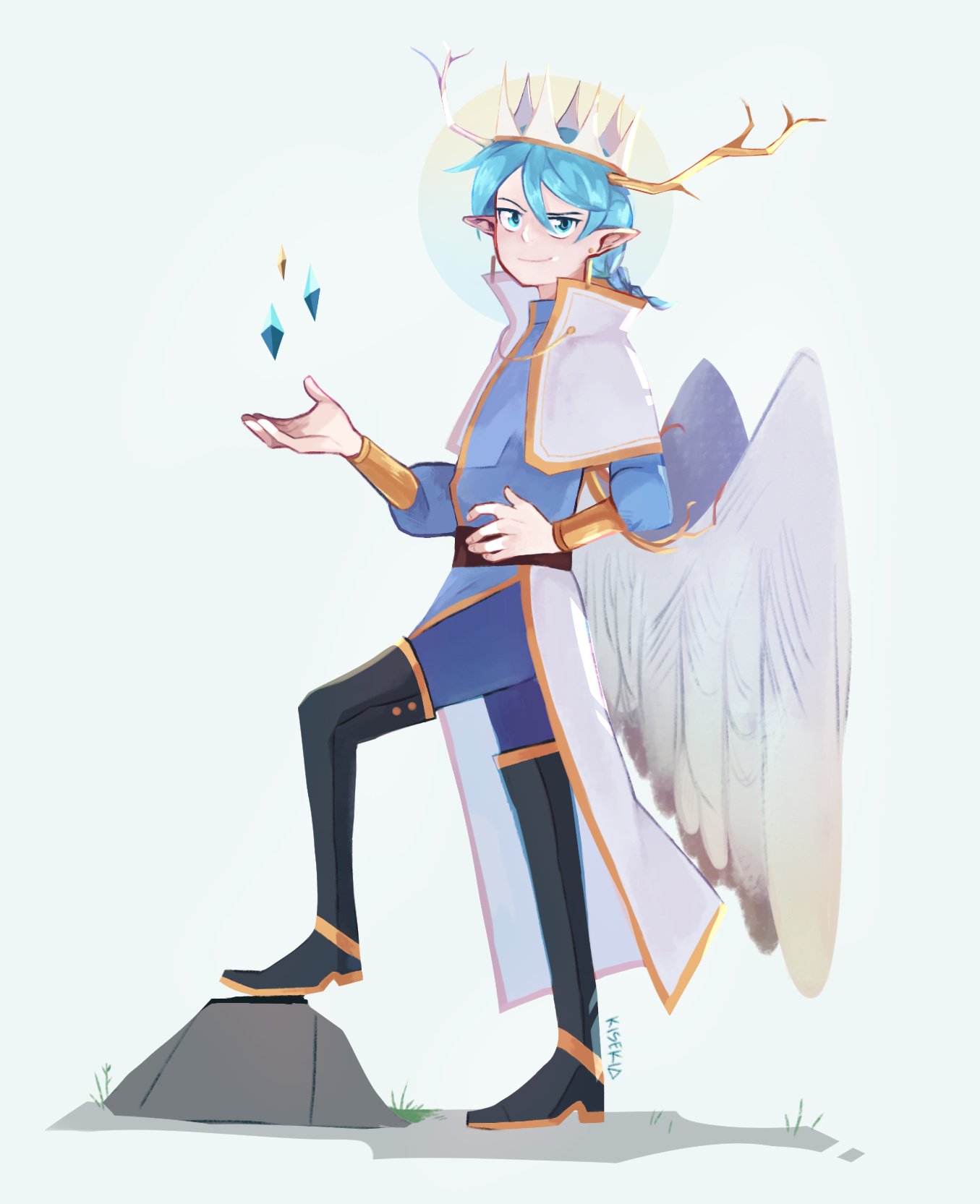 1boy, antlers, bishounen, blue_eyes, blue_hair, boots, braid, cape