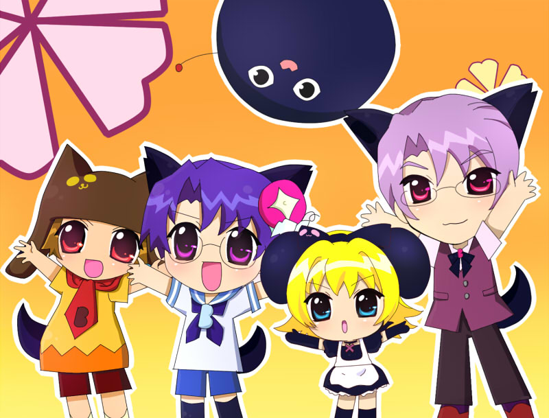 1girl, 2000s_(style), 3boys, aged_down, animal_ears, animal_hat, blonde_hair, blush