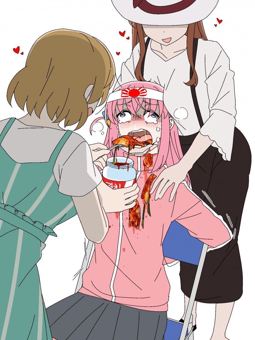 3girls, amogan, bandana, black_skirt, blonde_hair, blue_eyes, bocchi_the_rock!, brown_hair