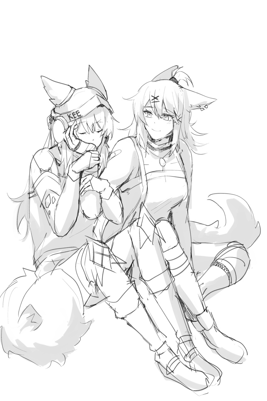 2girls, absurdres, animal_ears, arknights, arm_hug, closed_eyes, closed_mouth, clothes_writing