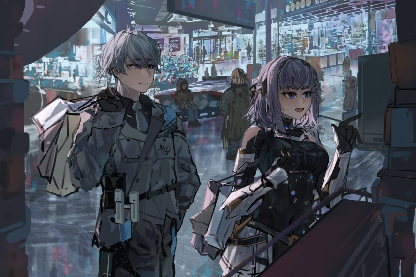 1boy, 1girl, absurdres, alisa_(punishing:_gray_raven), bag, black_bodysuit, black_gloves, blue_eyes