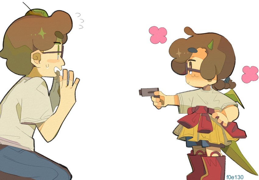 1boy, 1girl, absurdres, boots, braid, brown_eyes, brown_hair, child