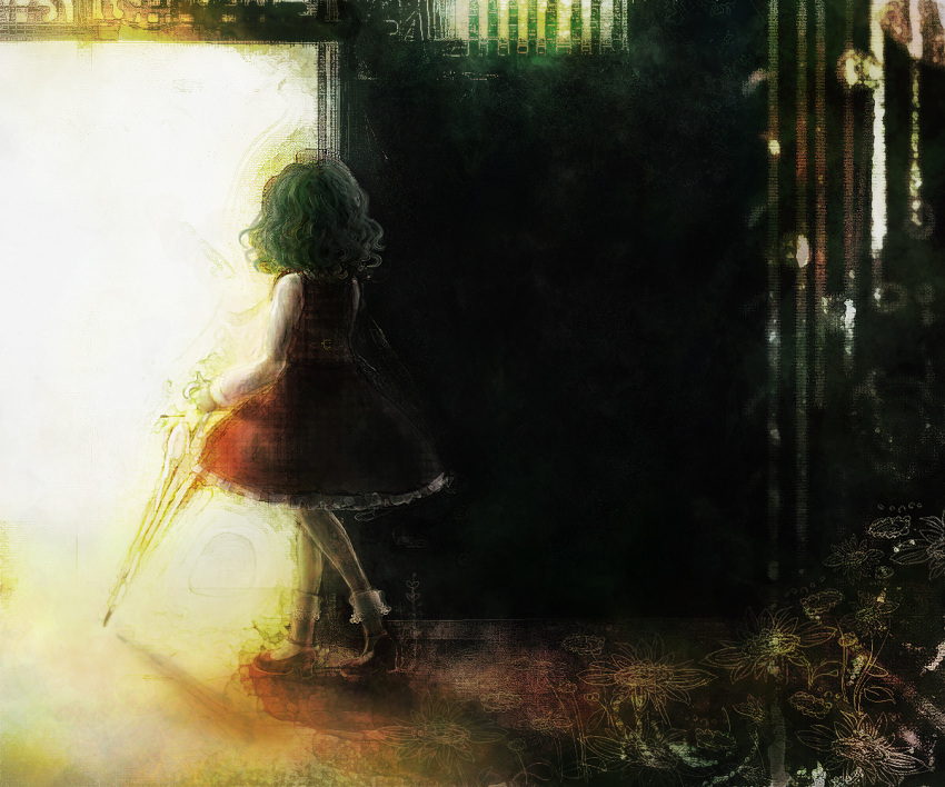 ankle_cuffs, back, backlighting, bobby_socks, closed_umbrella, dark, flower, from_behind