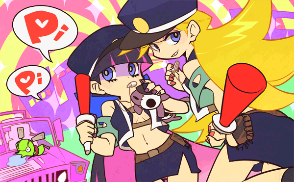 2girls, baton, blue_eyes, chuck, mirki, multiple_girls, panty_&amp;_stocking_with_garterbelt, panty_(character), panty_(psg), police, police_uniform, policewoman, see-through_(jeep), stocking_(character), stocking_(psg), traffic_baton, uniform, whistle