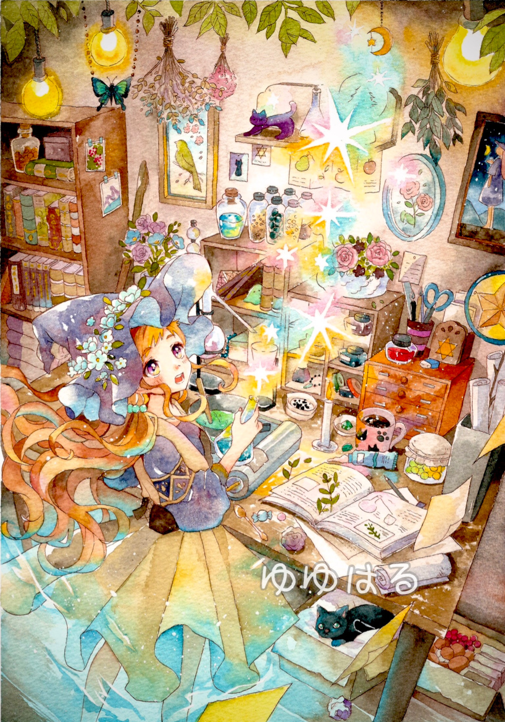 1girl, artist_name, bird, blue_flower, blue_hat, blue_shirt, book, bookshelf