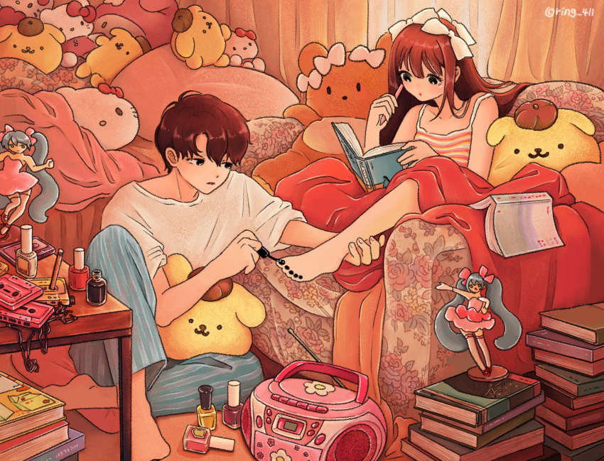 1boy, 1girl, applying_pedicure, aqua_pants, black_nails, blanket, book, bow, brown_hair, camisole, cd_player, couple, curtains, figure, hair_bow, hatsune_miku, hello_kitty, hello_kitty_(character), highres, indoors, long_hair, my_melody, nail_polish, nail_polish_bottle, onegai_my_melody, open_book, original, otaku, otaku_room, otaple, painting_toenails, pants, pompompurin, procreate_(medium), rilakkuma, ring_411, san-x, sanrio, shirt, short_hair, short_sleeves, sitting, striped_camisole, table, twitter_username, vocaloid, white_bow, white_shirt
