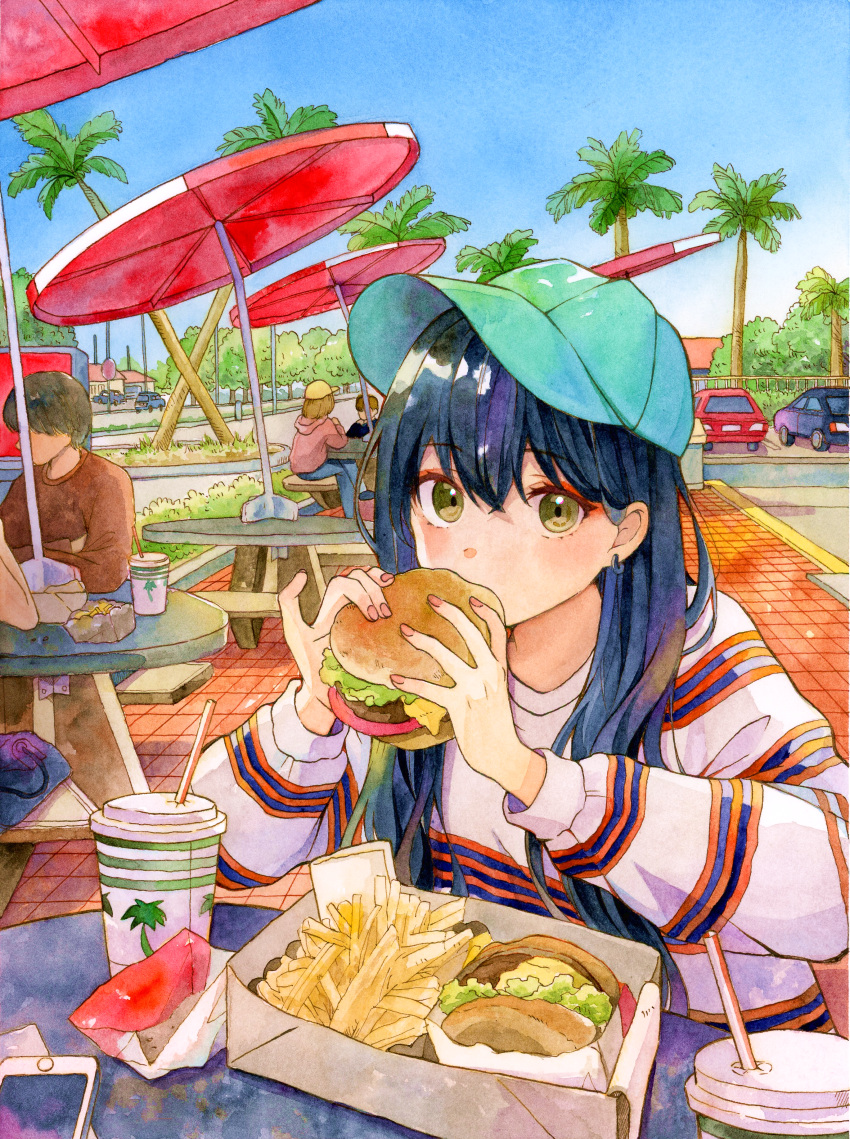 1girl, absurdres, baseball_cap, black_car, black_hair, blue_sky, brown_hair, brown_shirt, burger, cellphone, clear_sky, cup, day, disposable_cup, drinking_straw, earrings, eating, food, french_fries, hat, highres, holding, holding_burger, holding_food, hood, hoodie, in-n-out_burger, jewelry, long_hair, long_sleeves, looking_at_viewer, napkin, original, outdoors, painting_(medium), palm_tree, people, phone, pink_nails, red_car, round_table, shirt, sitting, sky, smartphone, solo_focus, striped_clothes, striped_shirt, table, traditional_media, tree, umbrella, upper_body, watercolor_(medium), white_shirt, yuyuharu_1027