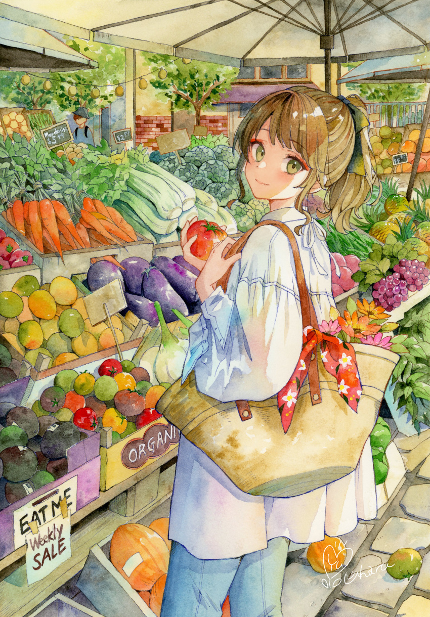 1girl, absurdres, artist_name, bag, bell_pepper, black_bow, bok_choy, bow