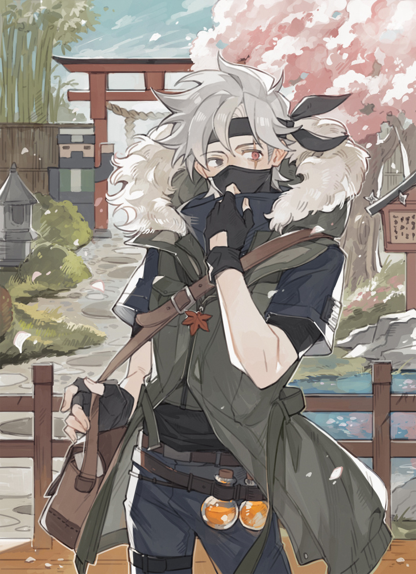 1boy, absurdres, bag, belt, black_gloves, black_headband, bottle, brown_bag, cherry_blossoms, cherry_tree, commentary, denim, english_commentary, ethoslab, fingerless_gloves, fur_trim, gloves, green_jacket, headband, hermitcraft, hermitcraft_tcg, heterochromia, highres, hood, hood_down, hooded_jacket, jacket, jeans, leaf, looking_at_viewer, luminous_slime, male_focus, maple_leaf, minecraft, minecraft_youtube, official_art, outdoors, pants, potion, short_hair, shoulder_bag, solo, standing, white_hair