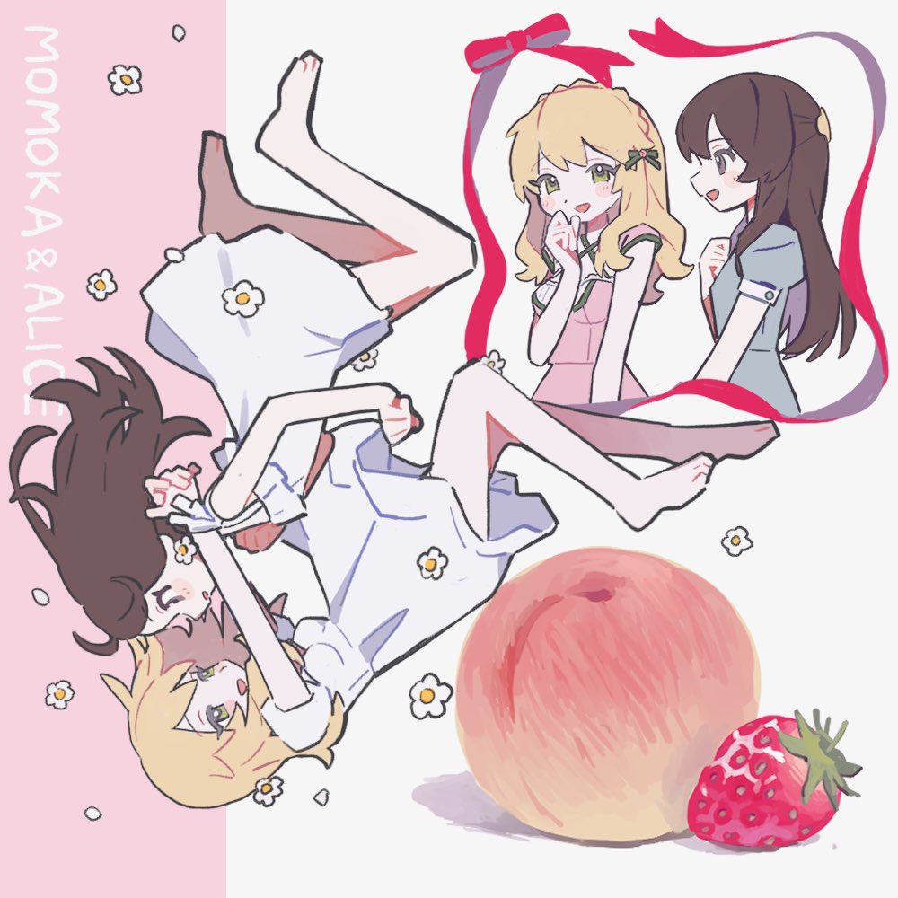 2girls, :d, barefoot, blonde_hair, blush_stickers, bow, brown_hair, commentary