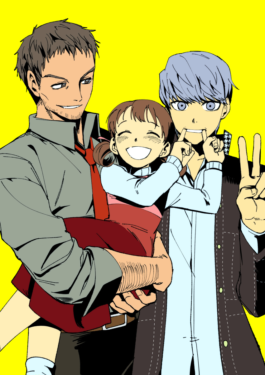 1girl, 2boys, absurdres, arm_hair, babakun, brown_eyes, brown_hair, child