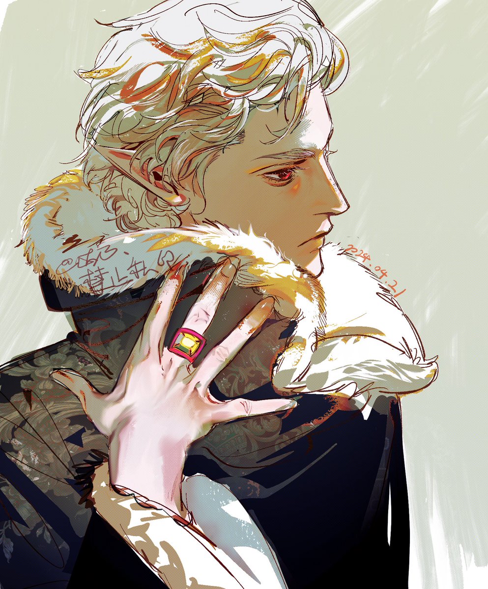 1boy, arm_up, astarion, baldur's_gate, baldur's_gate_3, black_cape, cape, chinese_commentary, closed_mouth, commentary, danai_ym, dungeons_&amp;_dragons, fur-trimmed_cape, fur-trimmed_sleeves, fur_trim, high_collar, highres, jewelry, looking_ahead, male_focus, pointy_ears, profile, red_eyes, ring, serious, simple_background, solo, wavy_hair, white_fur, white_hair, wide_sleeves