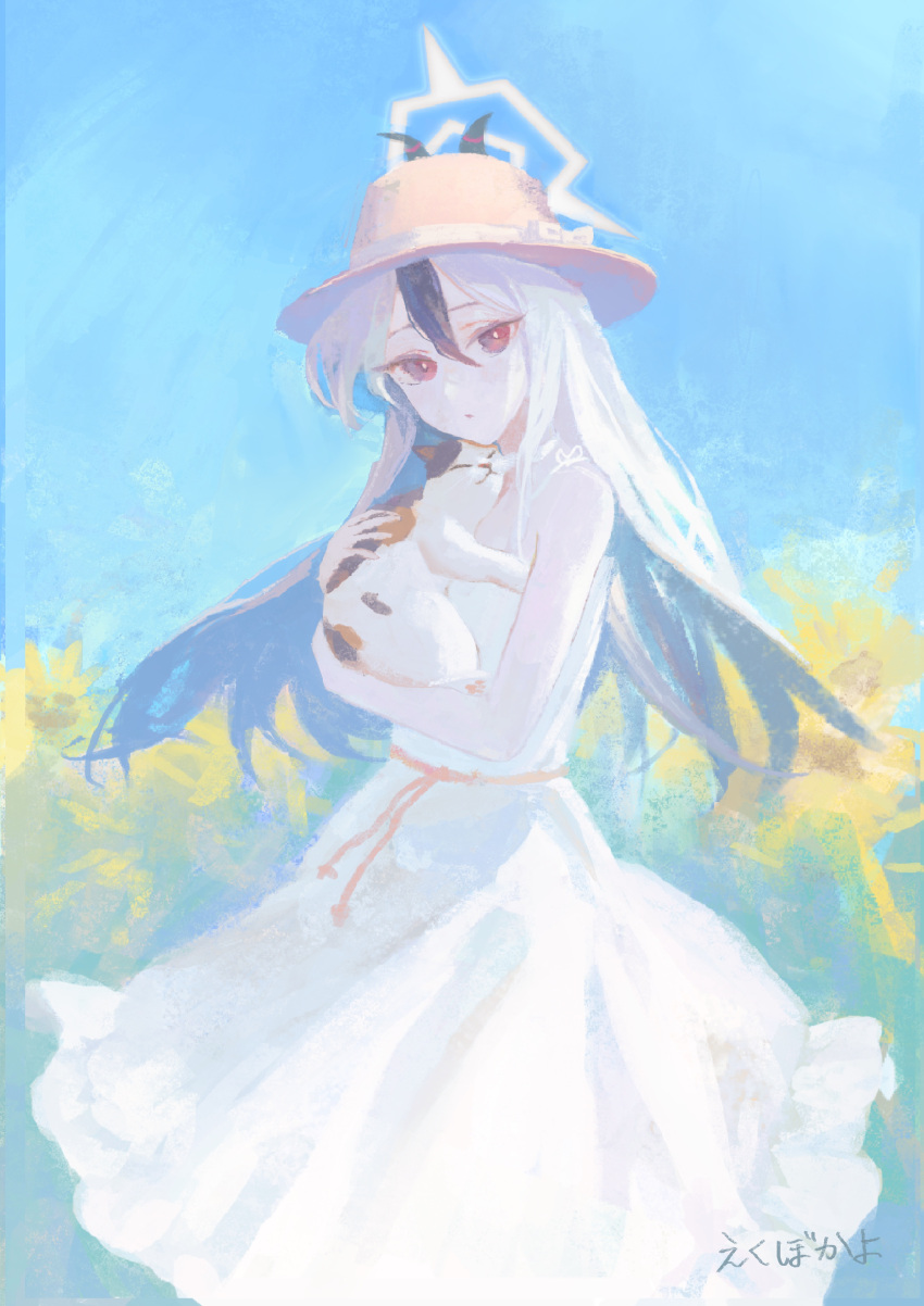1girl, absurdres, animal, artist_name, bare_shoulders, black_hair, black_horns, blue_archive