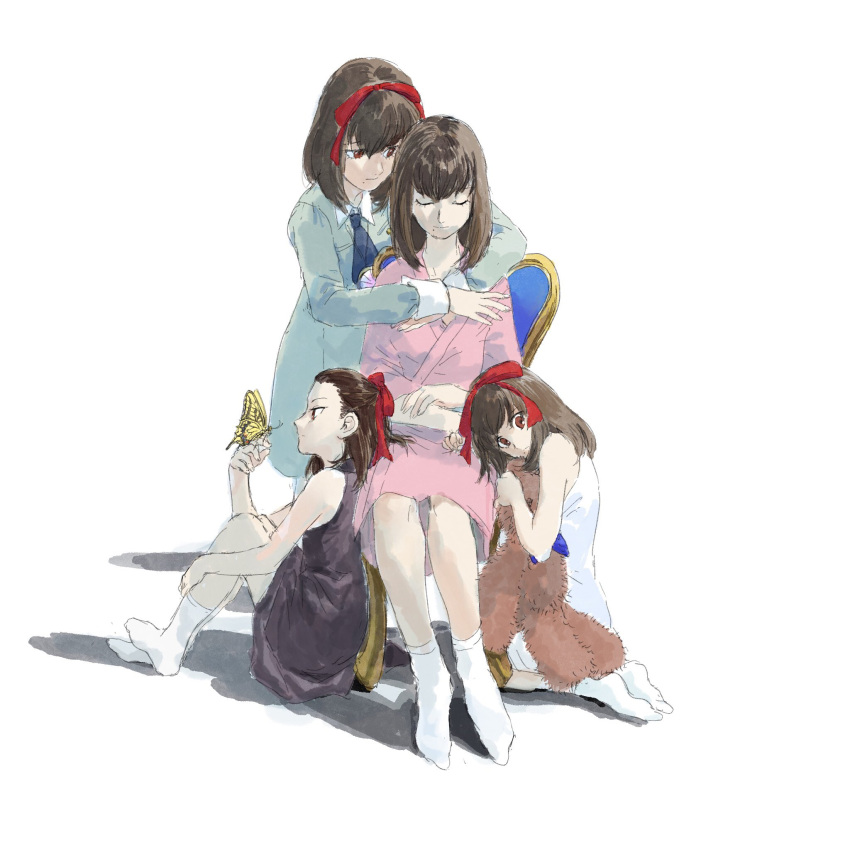 4girls, aki_(persona), black_dress, brown_eyes, brown_hair, bug, butterfly, butterfly_on_hand