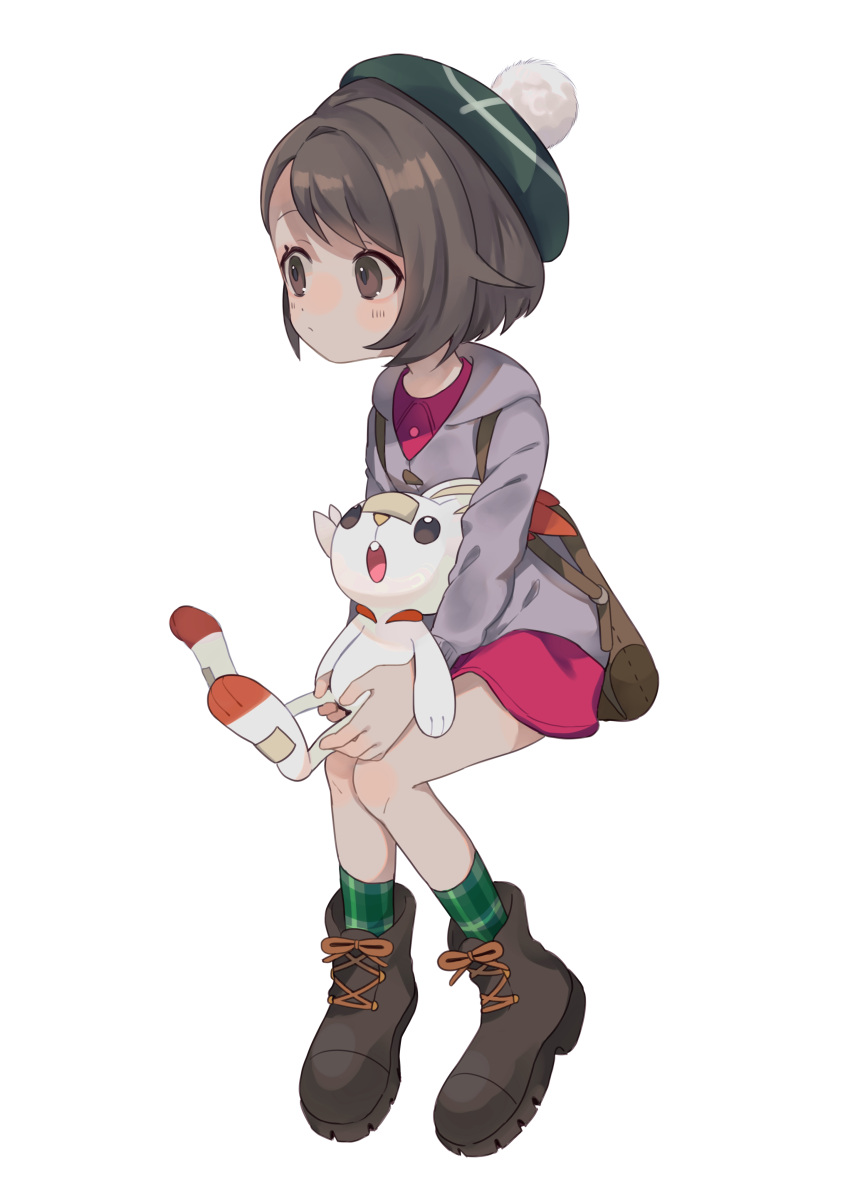 1girl, absurdres, bag, boots, brown_bag, brown_eyes, brown_footwear, brown_hair, buttons, cardigan, closed_mouth, collared_dress, cross-laced_footwear, dress, frown, gloria_(pokemon), green_hat, green_socks, grey_cardigan, hat, highres, hood, hood_down, hooded_cardigan, lace-up_boots, long_sleeves, pink_dress, plaid_clothes, plaid_socks, pokemon, pokemon_(creature), pokemon_swsh, rabbit, sahata_saba, scorbunny, short_dress, short_hair, simple_background, sitting, socks, tam_o'_shanter, white_background