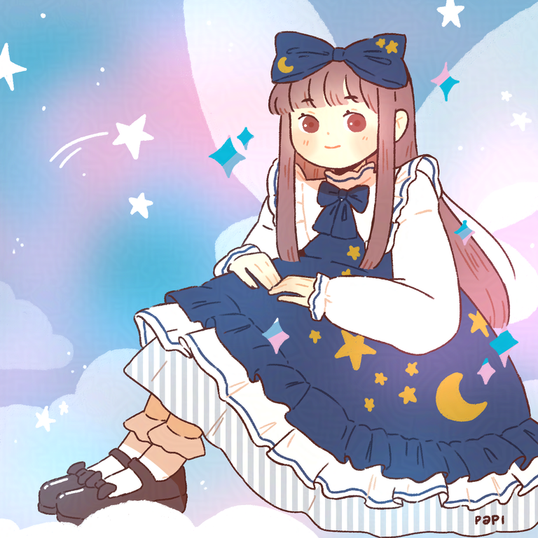 1girl, blue_bow, blue_dress, blunt_bangs, blush, bobby_socks, bow, brown_eyes