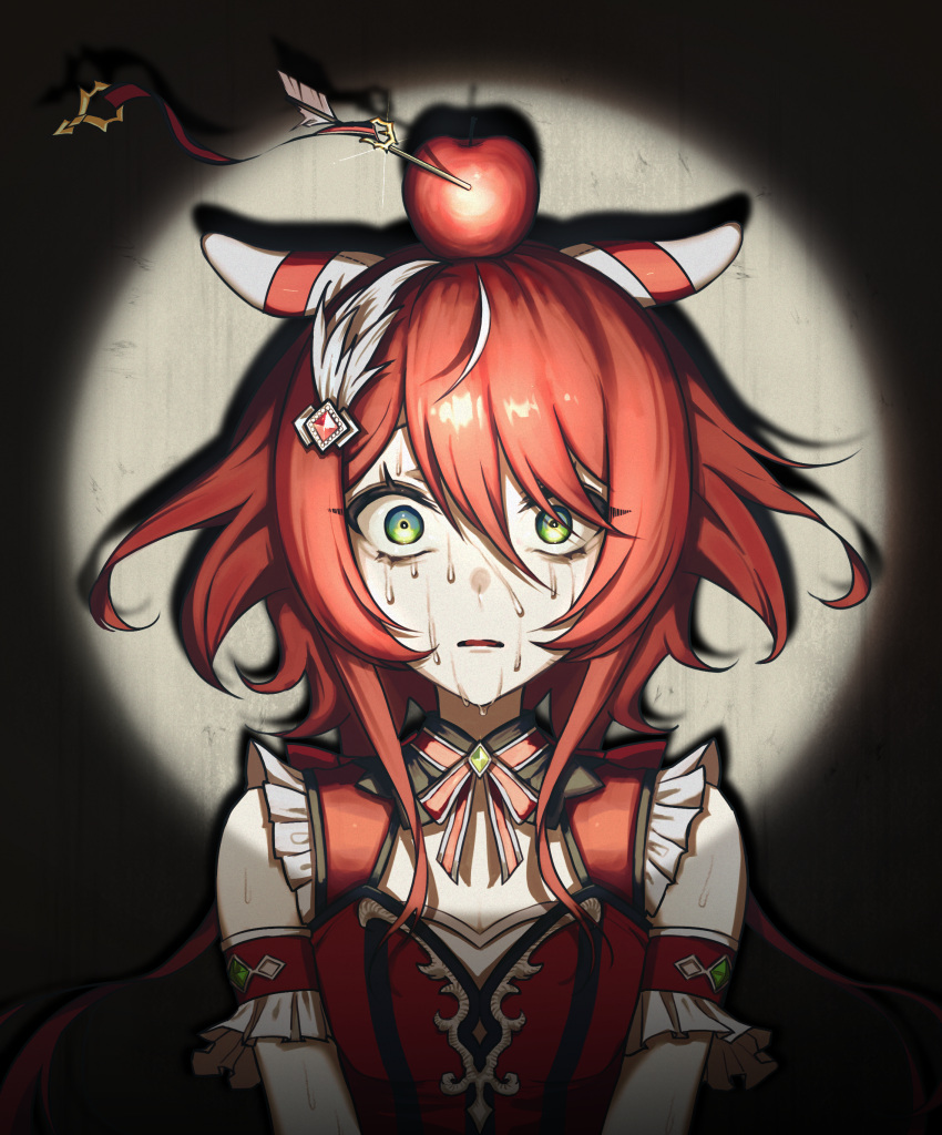 1girl, absurdres, animal_ears, apple, arrow_(projectile), breasts, closed_mouth, crying