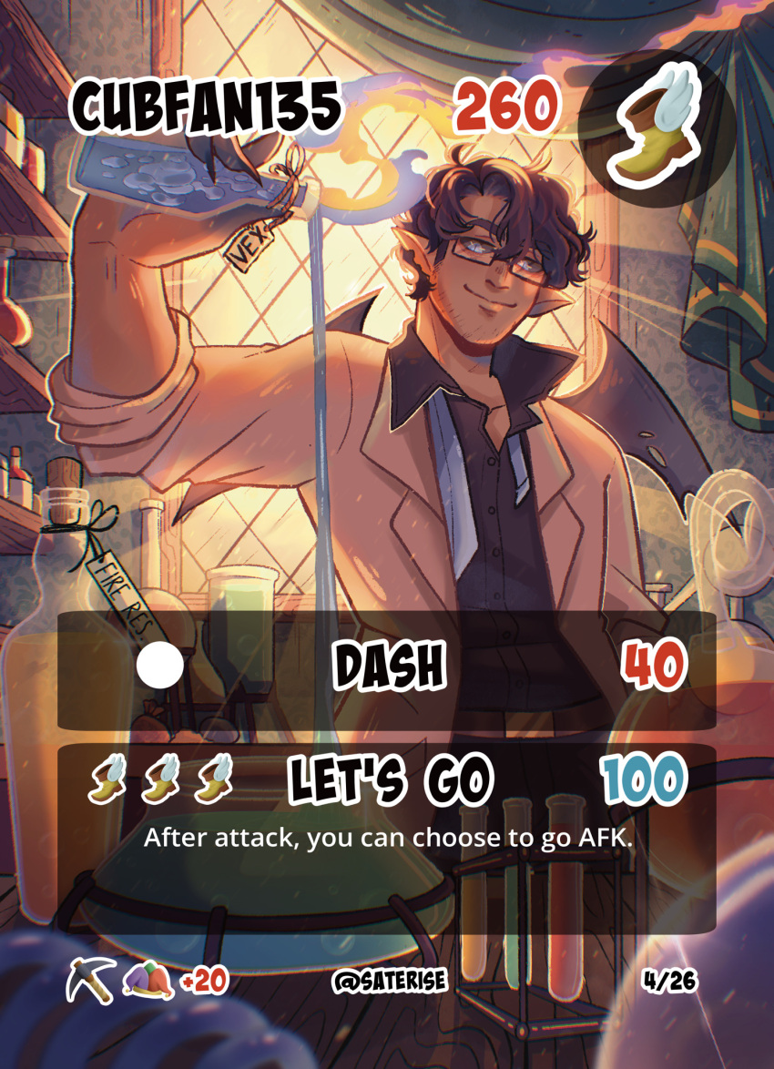 1boy, artist_name, beard_stubble, bottle, claws, coat, collared_shirt, commentary