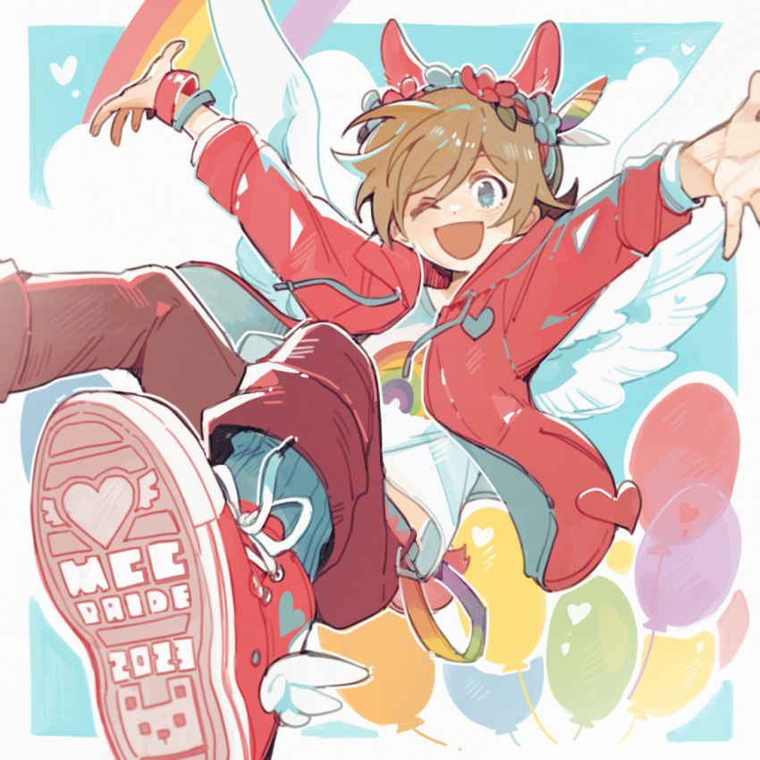 1boy, animal_ears, animification, arms_up, bird_boy, bird_wings, bishounen, blue_eyes