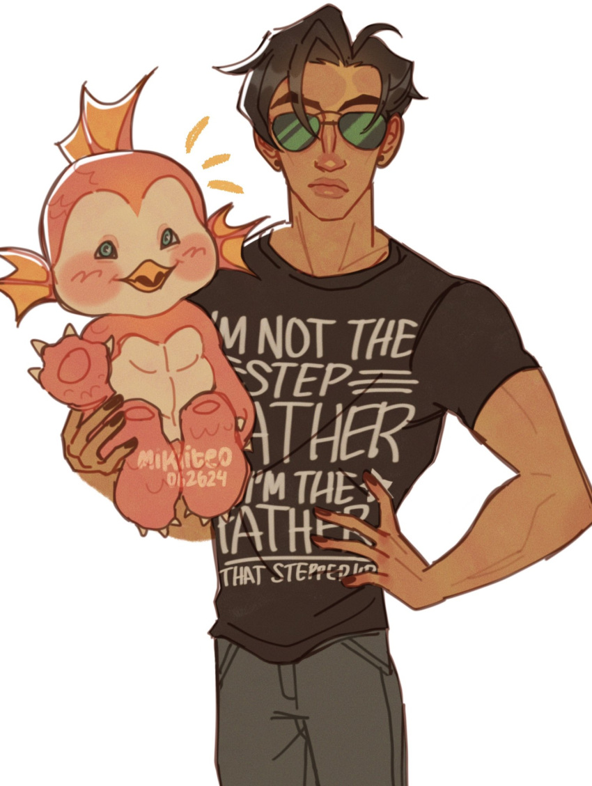 1boy, 1girl, black_hair, black_shirt, broad_shoulders, closed_mouth, covered_pectorals, emi_(ultraman:_rising), highres, kaiju, male_chest, matteo_(mirapteo), pants, sato_kenji, shirt, sunglasses, t-shirt, tinted_eyewear, toned, toned_male, ultra_series, ultraman:_rising