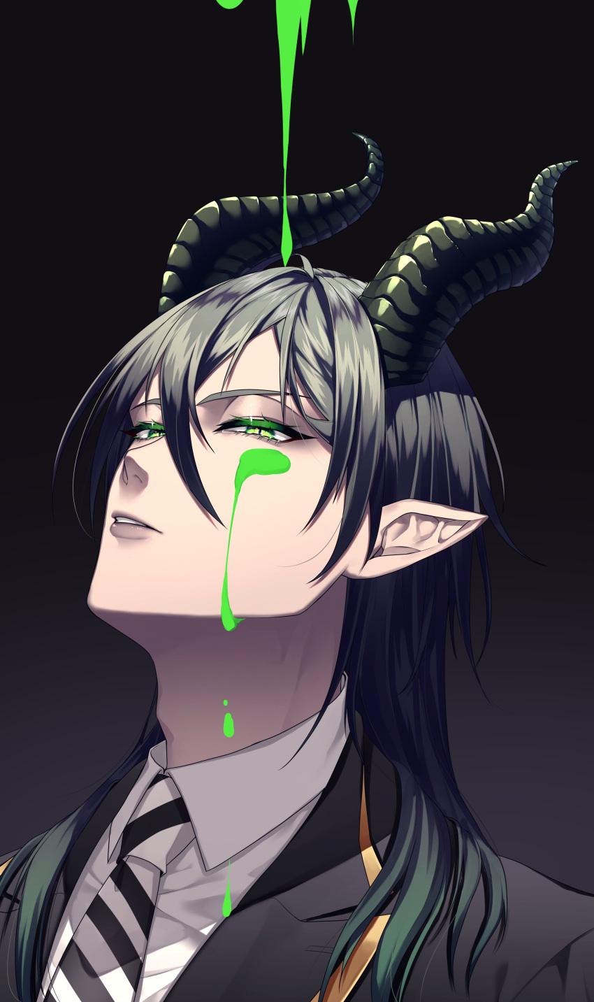 1boy, absurdres, ambiguous_green_liquid, black_background, black_hair, dragon_boy, dragon_horns, forute_na
