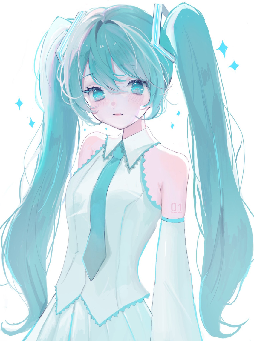 1girl, aqua_eyes, aqua_hair, arm_tattoo, blue_necktie, collared_shirt, detached_sleeves, hair_between_eyes