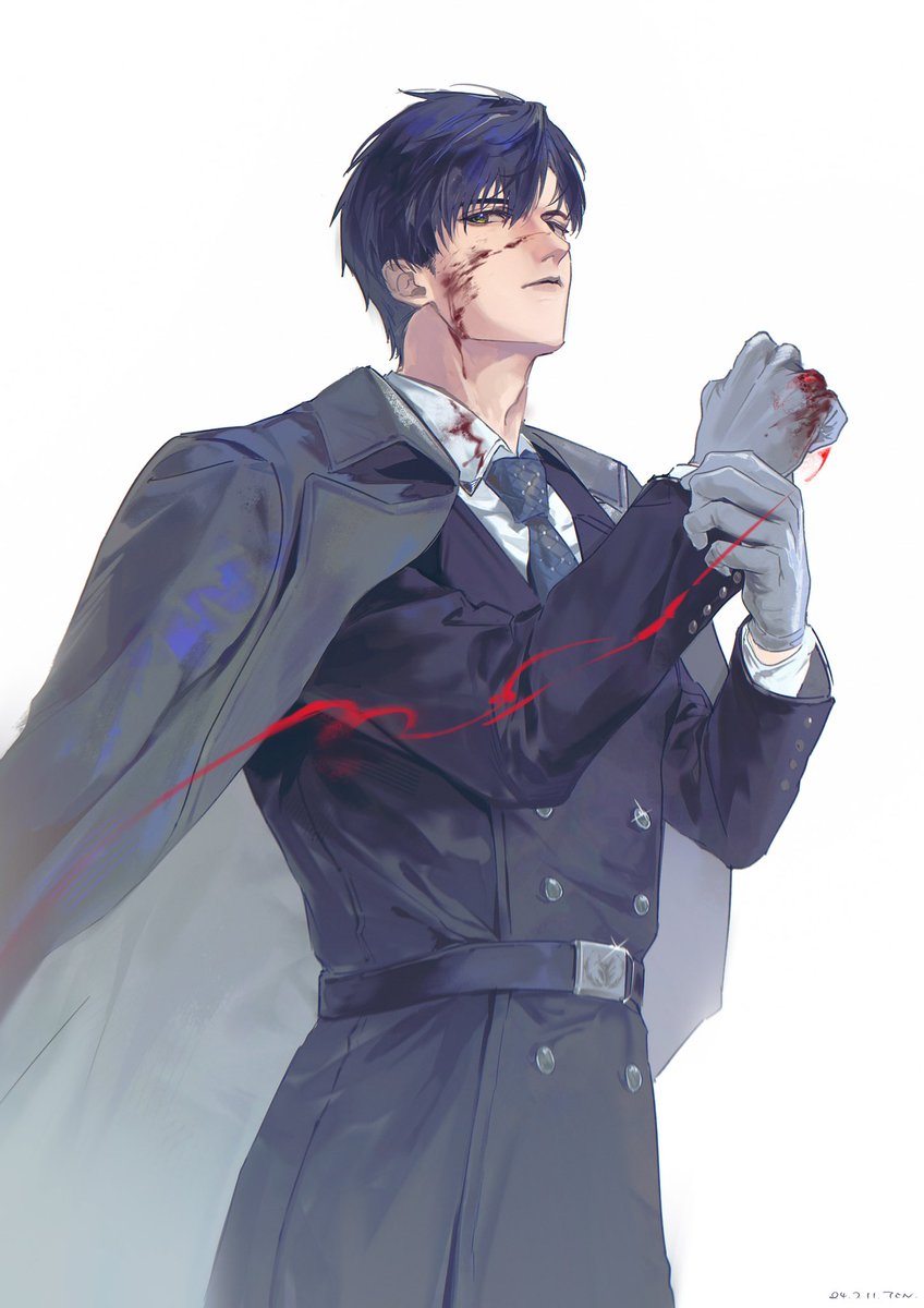 1boy, arms_up, belt, belt_buckle, black_belt, black_coat, black_necktie, blood, blood_on_clothes, blood_on_face, blood_on_gloves, blue_hair, buckle, buttons, cape, closed_mouth, coat, collared_shirt, commentary, cowboy_shot, dark_blue_hair, dress_shirt, floating_clothes, gloves, grey_cape, grey_eyes, hair_between_eyes, highres, layered_clothes, layered_sleeves, looking_to_the_side, love_and_deepspace, male_focus, necktie, patterned_clothing, shirt, sideways_glance, simple_background, solo, tennetshizi, three_quarter_view, trench_coat, undershirt, white_background, white_gloves, white_shirt, wing_collar, zayne_(love_and_deepspace)