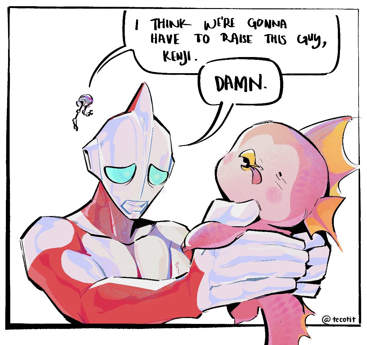 1boy, blue_eyes, emi_(ultraman:_rising), english_text, i_think_we're_gonna_have_to_kill_this_guy_steven_(meme), kaiju, meme, mina_(ultraman:_rising)