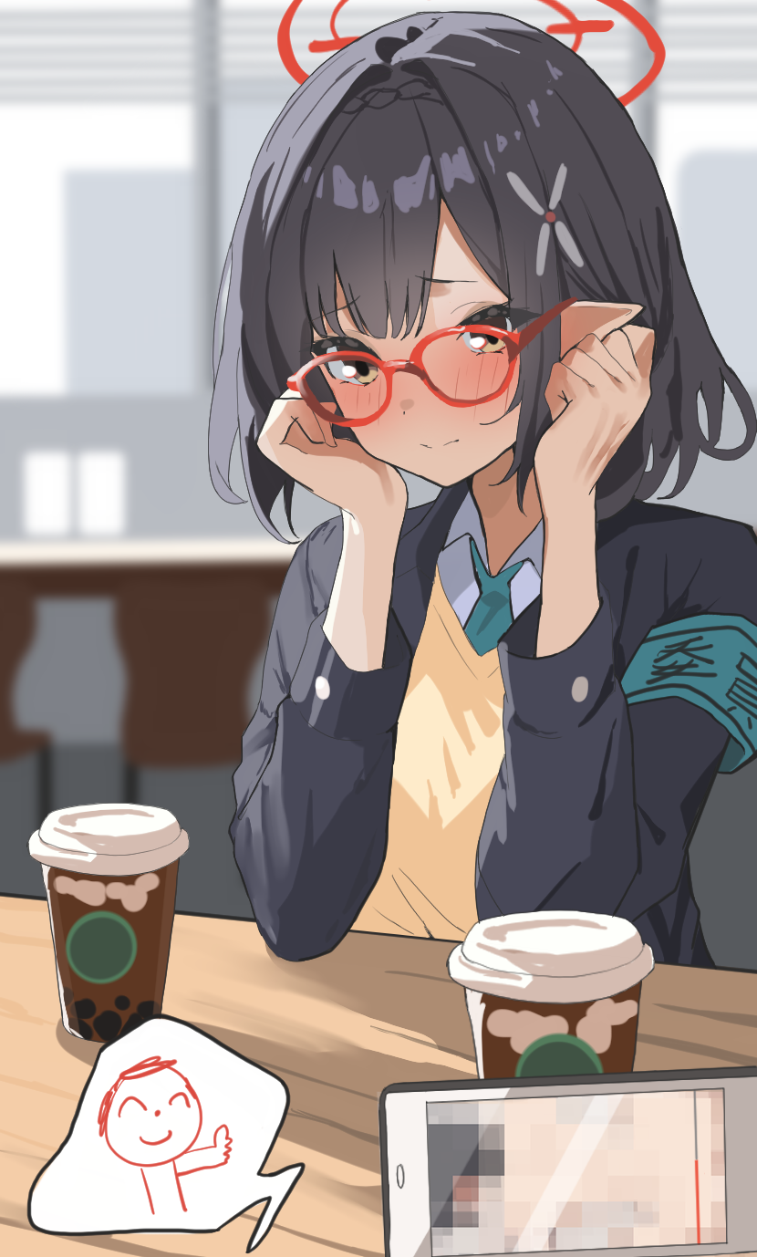 1girl, alien_adviser, aqua_armband, aqua_necktie, ayane_(blue_archive), black_hair, black_jacket, blue_archive
