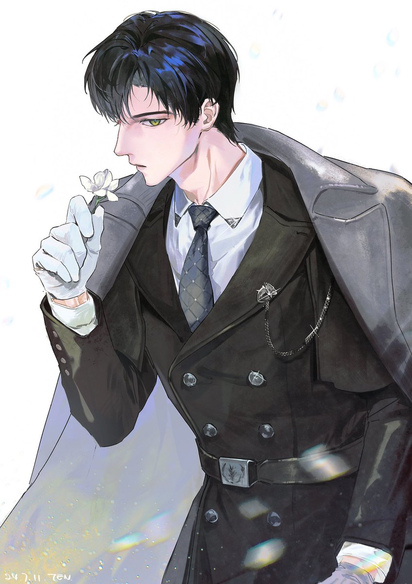 1boy, arm_up, belt, belt_buckle, black_belt, black_coat, black_hair, black_necktie