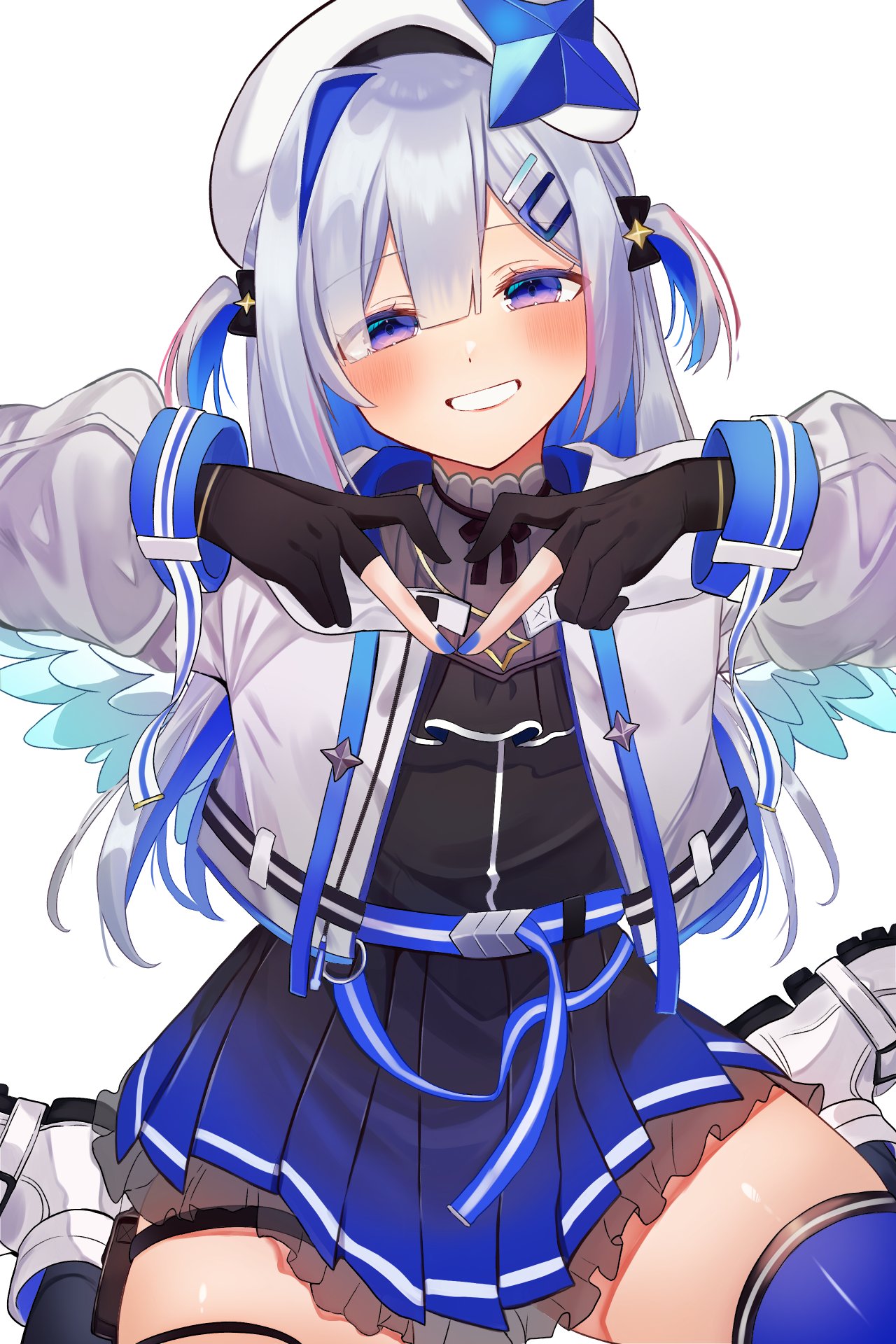 1girl, amane_kanata, amane_kanata_(work), beret, black_gloves, blue_hair, blue_thighhighs, blush