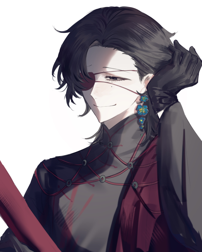 1boy, absurdres, black_gloves, black_hair, black_shirt, chinese_commentary, chu_yujun, closed_mouth