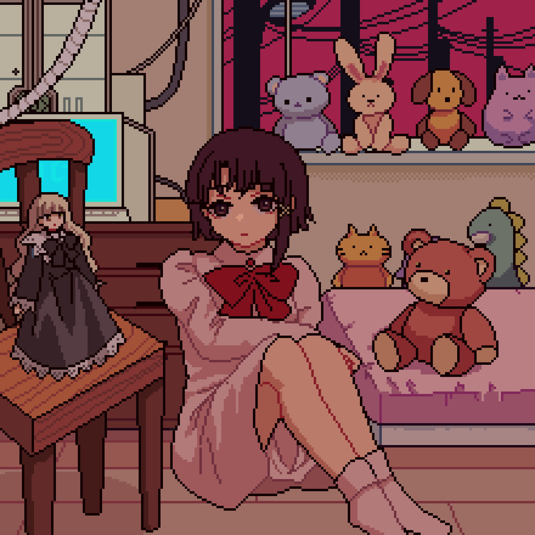 1girl, asymmetrical_hair, bed, black_bow, black_dress, blonde_hair, bow, brown_eyes
