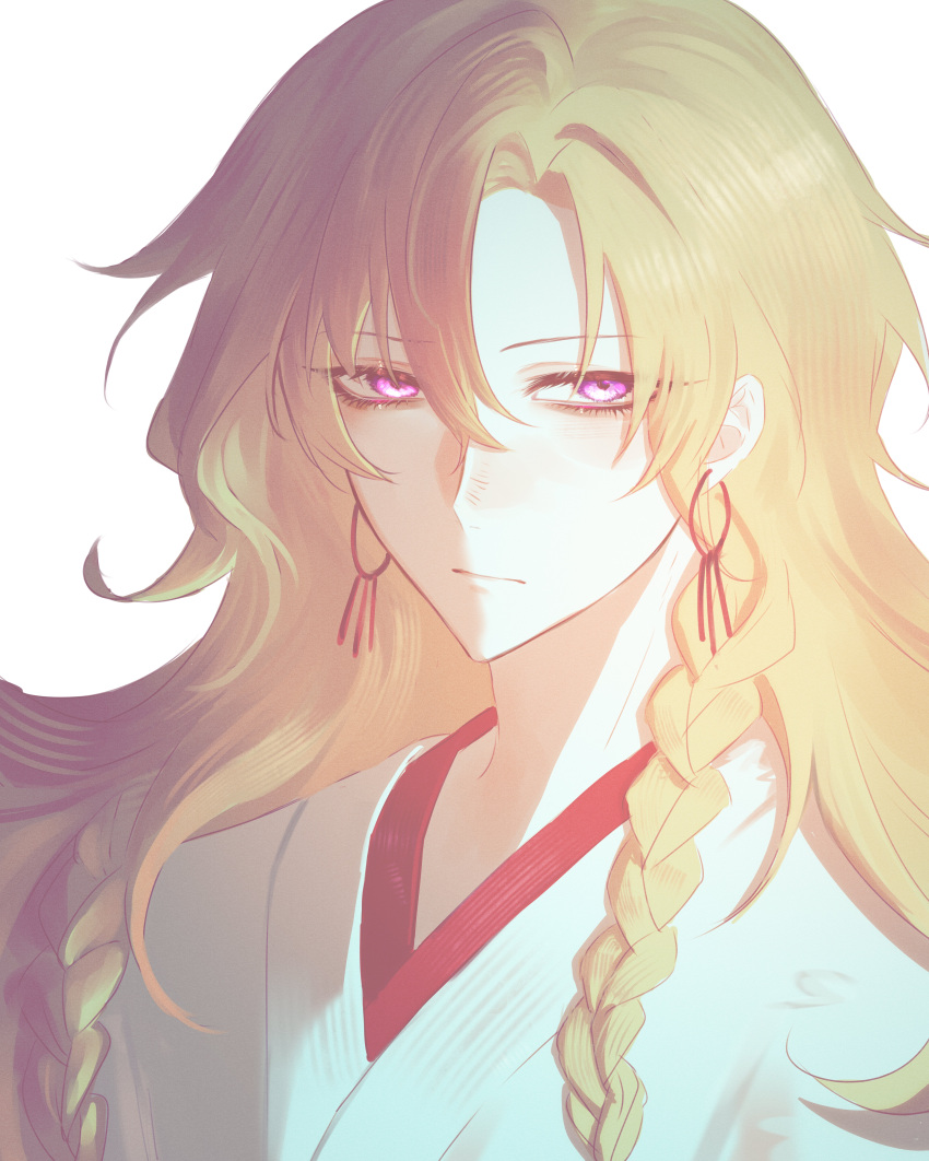 1boy, absurdres, aibyou_sekai, blonde_hair, braid, closed_mouth, earrings, film_grain, hair_between_eyes, highres, japanese_clothes, jewelry, kc-rk_sl, kimono, long_hair, looking_at_viewer, male_focus, pink_eyes, portrait, simple_background, solo, white_background, white_kimono, yuishiro_egou