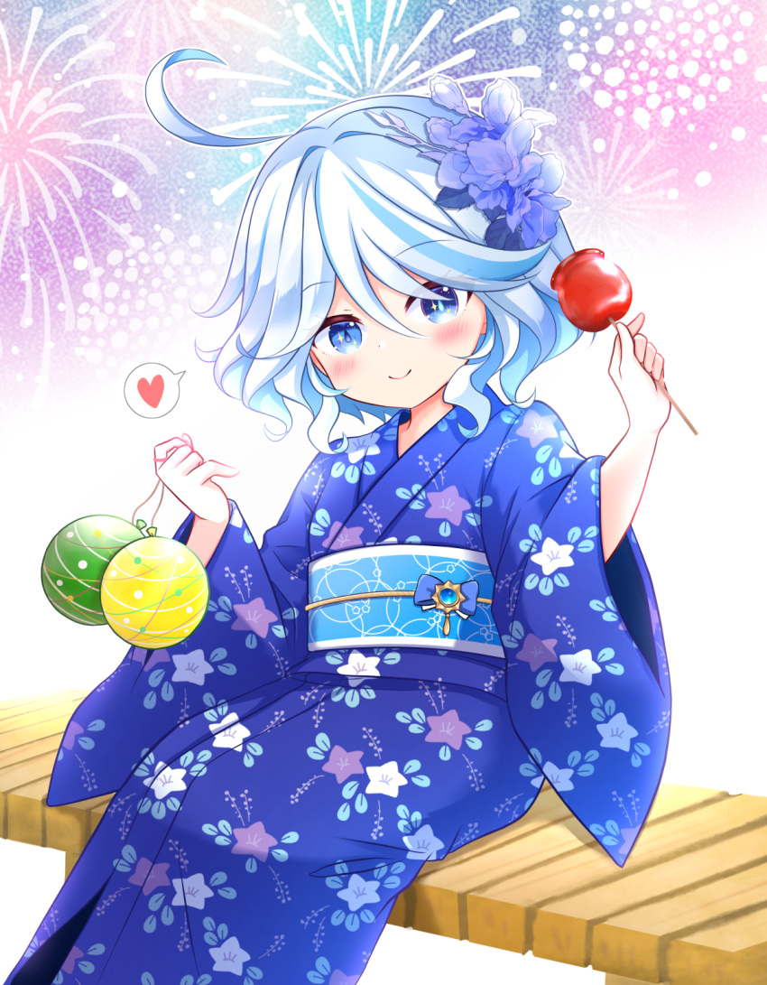 1girl, ahoge, alternate_costume, blue_eyes, blue_flower, blue_hair, blue_kimono, blue_sash