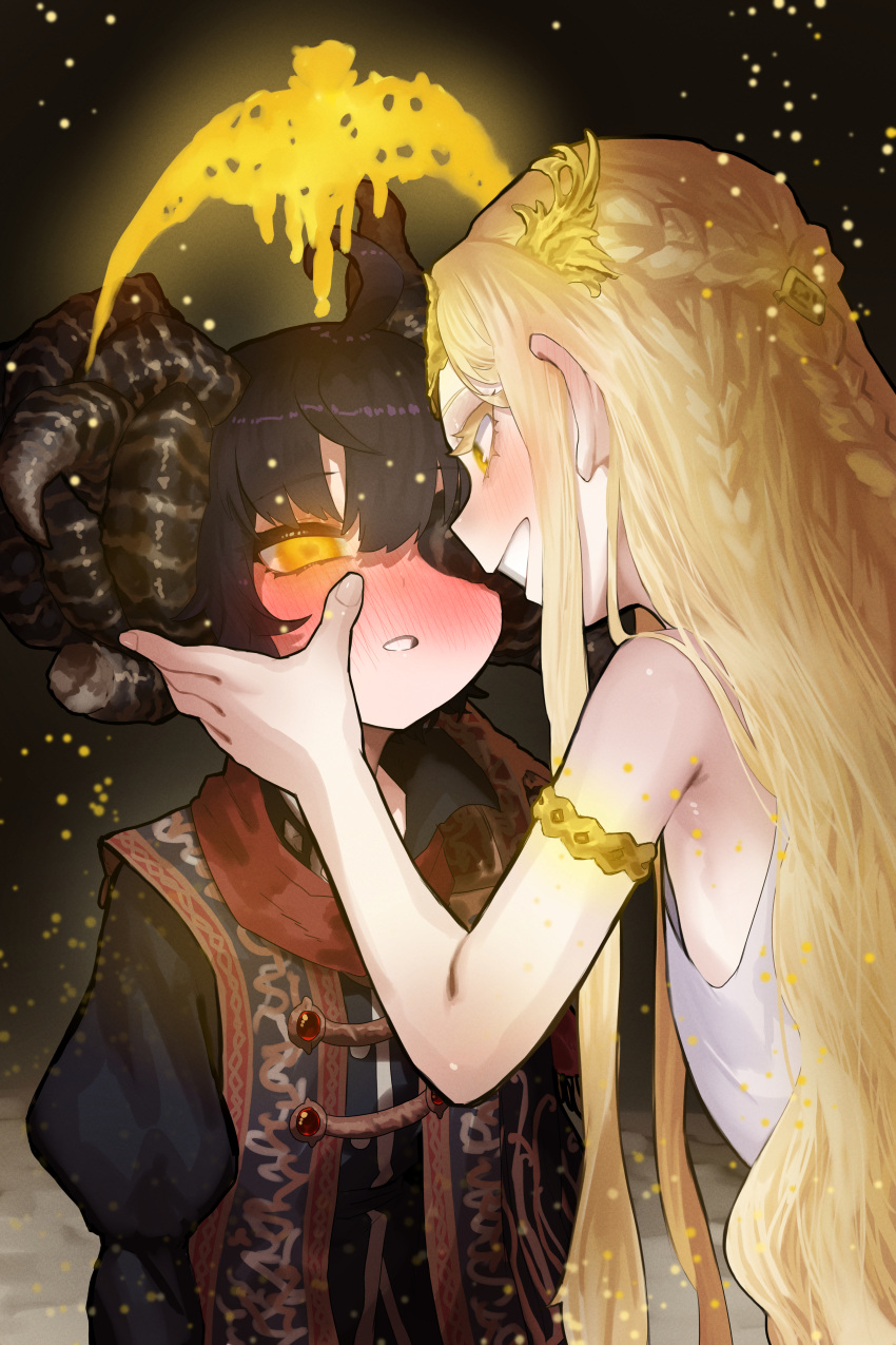 1boy, 1girl, absurdres, black_hair, blonde_hair, blush, ekrea_jan, elden_ring, genderswap, genderswap_(mtf), grin, highres, horns, long_hair, miquella_(elden_ring), morgott_the_omen_king, otoko_no_ko, smile, yellow_eyes